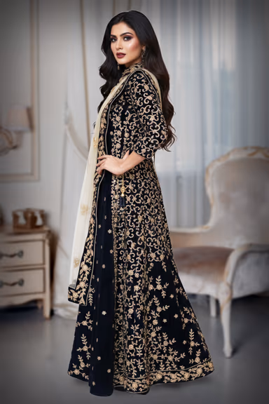 Bluish golden lehenga with netted dupatta — view 3 of 4