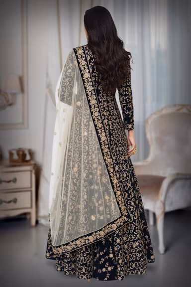 Bluish golden lehenga with netted dupatta — view 4 of 4