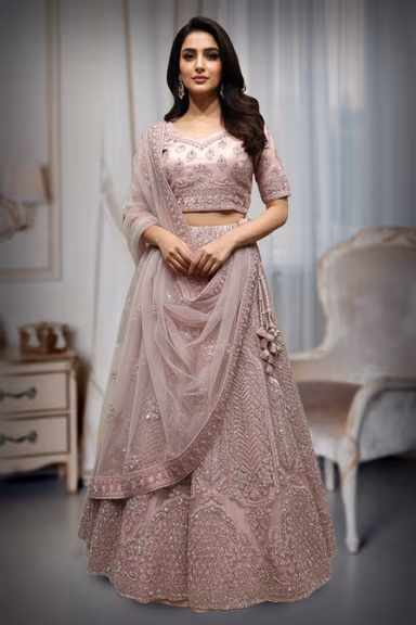 Blush Pink Netted lehenga , self Embroidered and embellished with stones along with Dhuppata — view 2 of 2