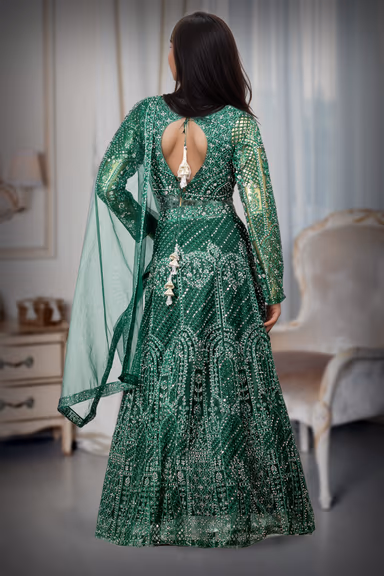Bottle Green Crop Top Lehenga With Heavy Stonework And Threadwork — view 3 of 3