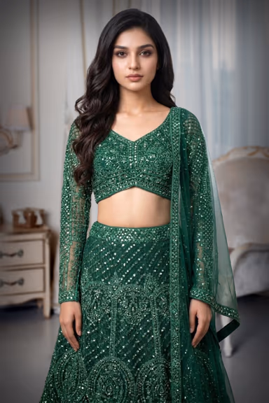 Bottle Green Crop Top Lehenga With Heavy Stonework And Threadwork — view 1 of 3