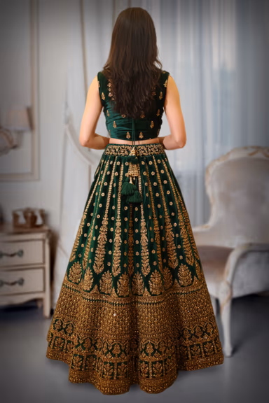 Elegant Bottle Green Lehenga Set with Golden Embroidery and Matching Net Dupatta — view 3 of 3