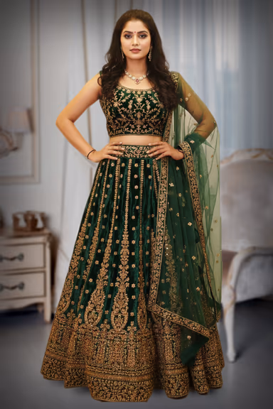 Elegant Bottle Green Lehenga Set with Golden Embroidery and Matching Net Dupatta — view 2 of 3