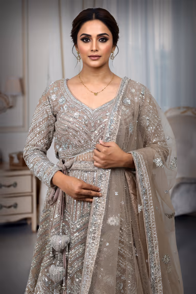 Breathtaking Golden Sequin Lehenga Displaying Geometric Patterns And Luxurious Craftsmanship Designed To… — view 1 of 4