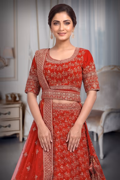 Bright Red Heavy  Threadwork With Golden Stone Worked  Bridal Lehenga With Same Colour Dupatta — view 1 of 3
