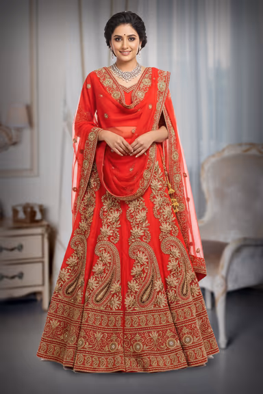 Bright red lehenga with zari and stone work details — view 2 of 2