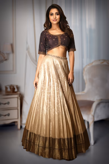 Elegant Brown and Gold Lehenga Set with Intricate Embroidery and Pleated Skirt — view 2 of 3