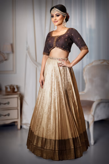 Elegant Brown and Gold Lehenga Set with Intricate Embroidery and Pleated Skirt — view 3 of 3