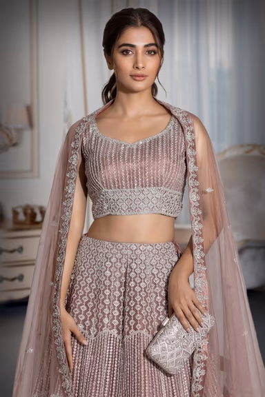 Burnt Mauve Heavy Stone Worked Bridal Lehenga — view 1 of 3