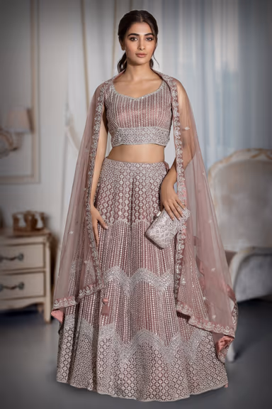 Burnt Mauve Heavy Stone Worked Bridal Lehenga — view 2 of 3