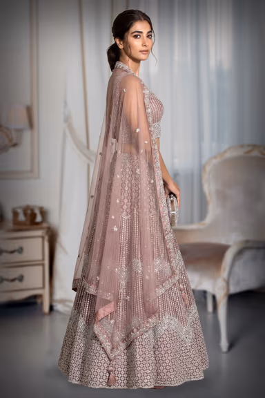 Burnt Mauve Heavy Stone Worked Bridal Lehenga — view 3 of 3