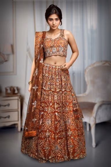 Burnt Orange Heavy Embellished Lehenga With Mirror Work And Stone Work Detailing — view 2 of 2