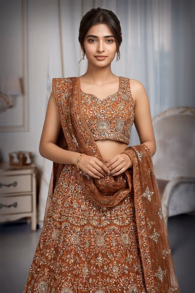 Burnt Orange Heavy Embellished Lehenga With Mirror Work And Stone Work Detailing — view 1 of 2