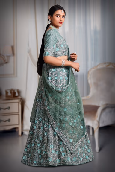 Cadet blue sequins & beads work lehenga — view 4 of 5