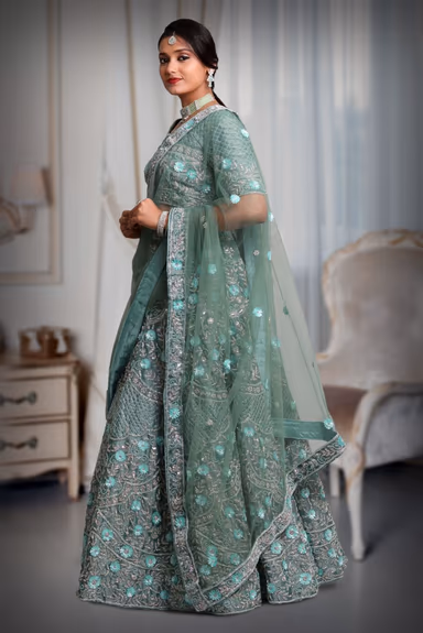 Cadet blue sequins & beads work lehenga — view 3 of 5