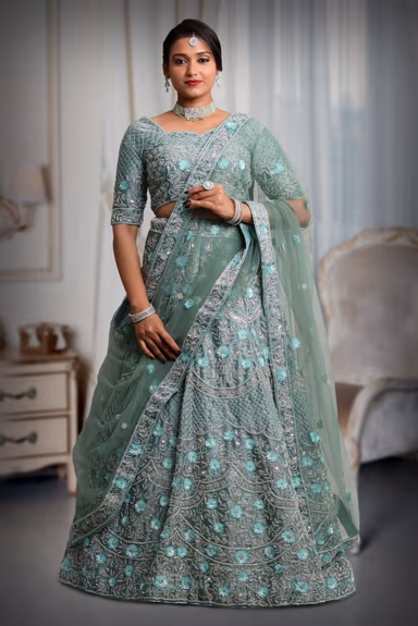 Cadet blue sequins & beads work lehenga — view 2 of 5