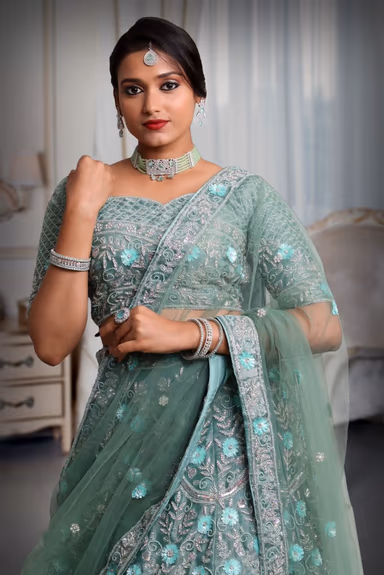Cadet blue sequins & beads work lehenga — view 1 of 5