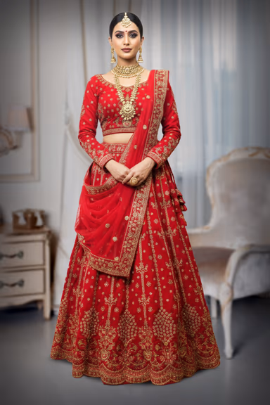 Carmine Red Heavy Embellished Bridal Lehenga With Golden Stone Details On Skirt , Crop Top And Dupatta — view 4 of 4