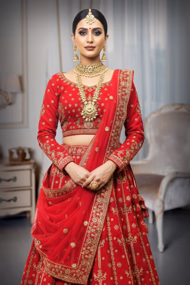 Carmine Red Heavy Embellished Bridal Lehenga With Golden Stone Details On Skirt , Crop Top And Dupatta — view 3 of 4