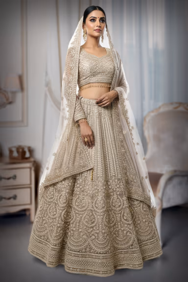 Heavy Champagne Gold Lehenga with Intricate Embroidery and Stone Work — view 2 of 2