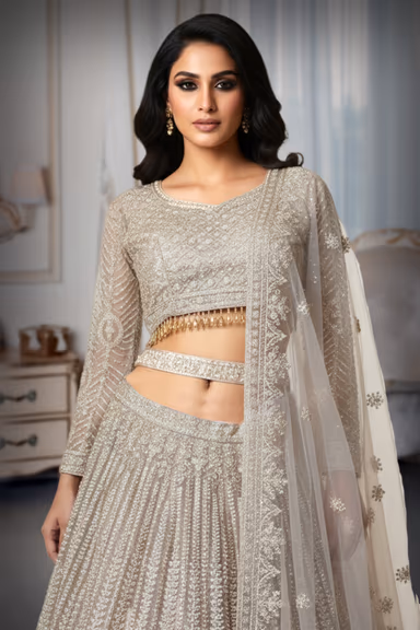 Heavy Champagne Gold Lehenga with Intricate Embroidery and Stone Work — view 1 of 2