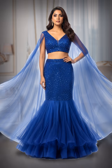 Cobalt Blue Sequin Mermaid-Cut Skirt and Crop Top with Long Sheer Tulle Cape Sleeves — view 2 of 2