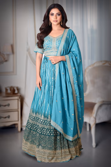Cyan Blue Silk Lehenga With Intricate Golden Handwork Details In Skirt And Top Along With Same Color Dupatta — view 2 of 2