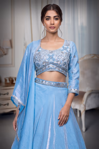 Cyan Blue Tissue Silk Crop Top Lehenga With Elegant Handwork Details — view 1 of 4