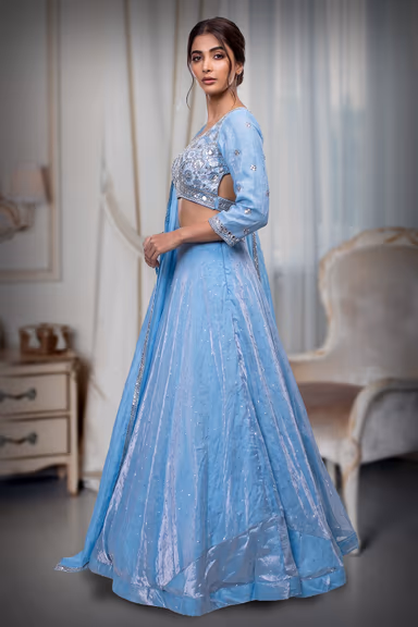 Cyan Blue Tissue Silk Crop Top Lehenga With Elegant Handwork Details — view 3 of 4