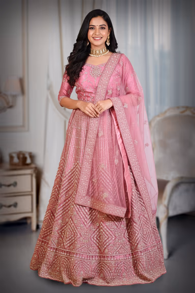 Dark Coral Pink Lehenga With Intricate Golden Handwork Details In Skirt And Top Along With Same Color Dupatta — view 2 of 2
