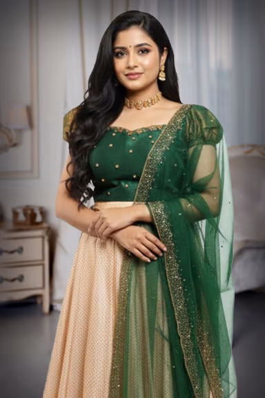 Dark green top and cream golden skirt taditional lehenga with simple zari work details — view 1 of 2