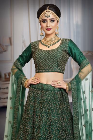 Dark Green Velvet Lehenga Skirt with Gold Zardozi and Sequin Embroidery. — view 1 of 2