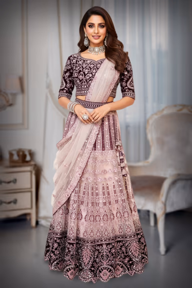 Dark lavendar lehenga with netted self work — view 2 of 3
