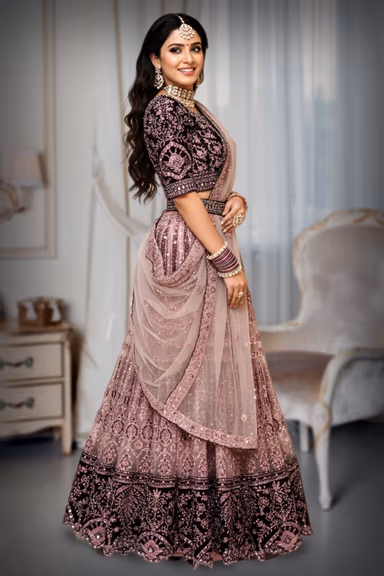 Dark lavendar lehenga with netted self work — view 3 of 3