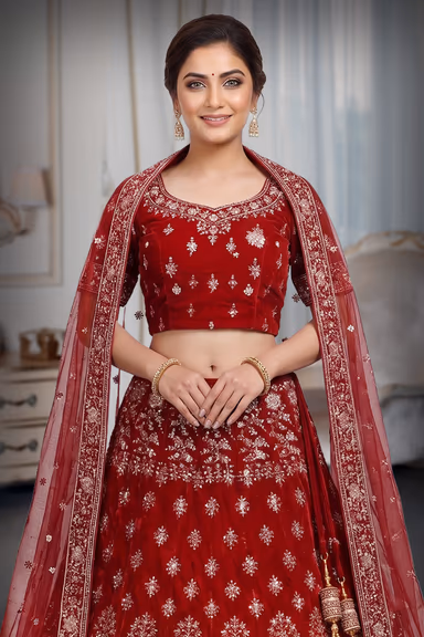 Dark Maroon Handworked Lehenga With Detailed Zari Work and Embroidery Paired With Blouse and Dupatta In Same… — view 1 of 3