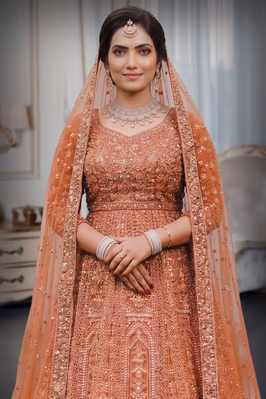 Dark Orange Colour Lehenga With Heavy Stone Work , Beads Work And Threadwork With Same Colour Dupatta — view 1 of 3