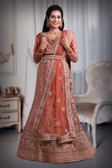 Dark Peach embroidery heavy border lehenga — view 2 of 4
