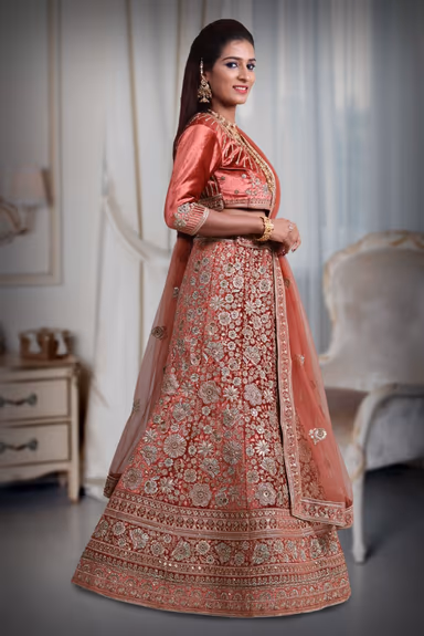 Dark Peach embroidery heavy border lehenga — view 3 of 4