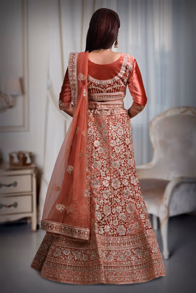 Dark Peach embroidery heavy border lehenga — view 4 of 4