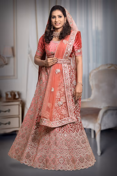 Dark Peach thread work lehenga — view 2 of 5