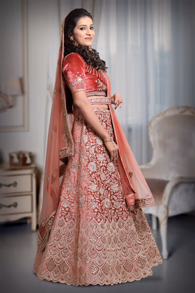 Dark Peach thread work lehenga — view 4 of 5