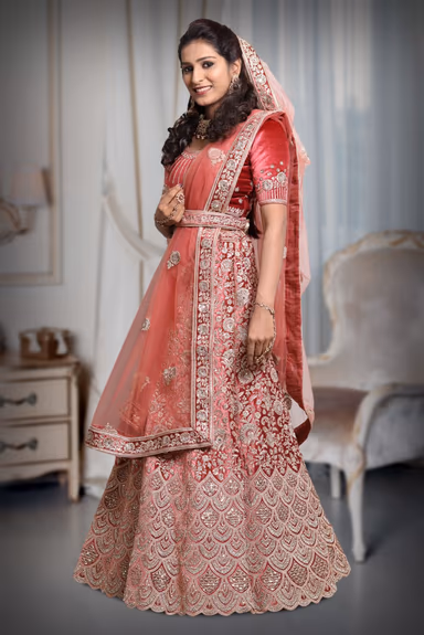 Dark Peach thread work lehenga — view 3 of 5