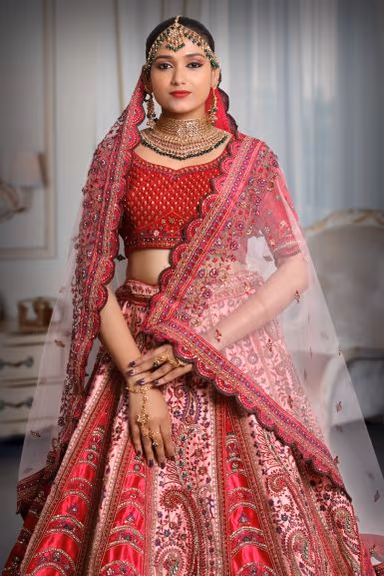 Dark pink &  light pink heavy embroidery velvet lehenga — view 1 of 5