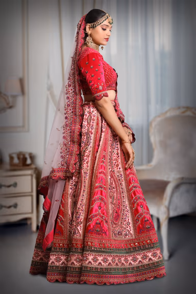 Dark pink &  light pink heavy embroidery velvet lehenga — view 4 of 5
