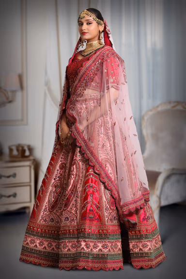 Dark pink &  light pink heavy embroidery velvet lehenga — view 3 of 5