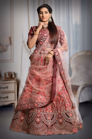 Dark pink & Maroon combination heavy embroidery lehenga — view 2 of 5