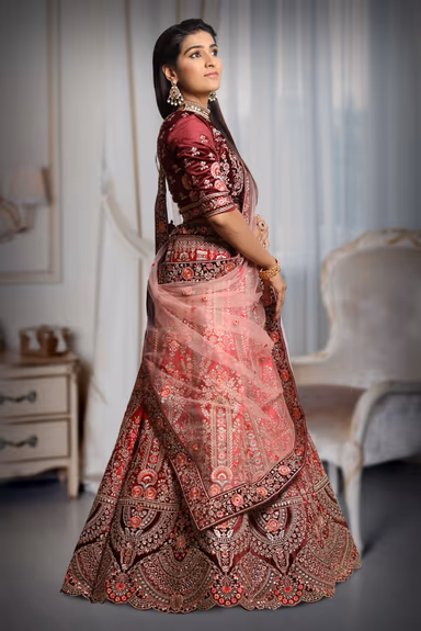 Dark pink & Maroon combination heavy embroidery lehenga — view 4 of 5