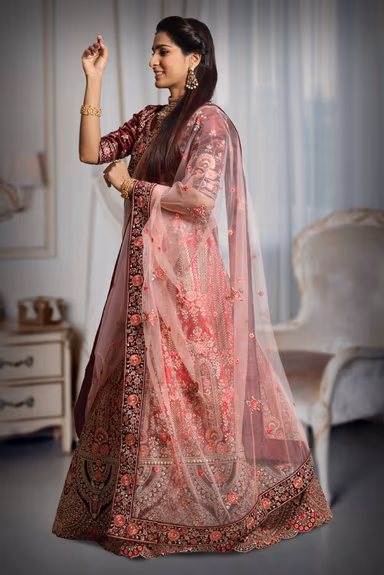 Dark pink & Maroon combination heavy embroidery lehenga — view 3 of 5