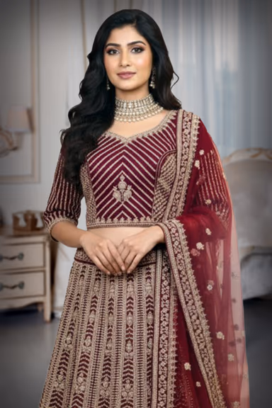 Dark Purple Heavy Embellished Bridal Lehenga With Golden Stone Details On Skirt , Crop Top And Dupatta — view 1 of 2