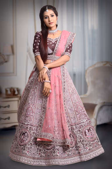 Dark Purple & pink combination silver thread  mirror work lehenga — view 2 of 5